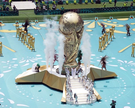 Shakira performs at Mexico’s World Cup opening ceremony in front of a giant replica of the World Cup trophy