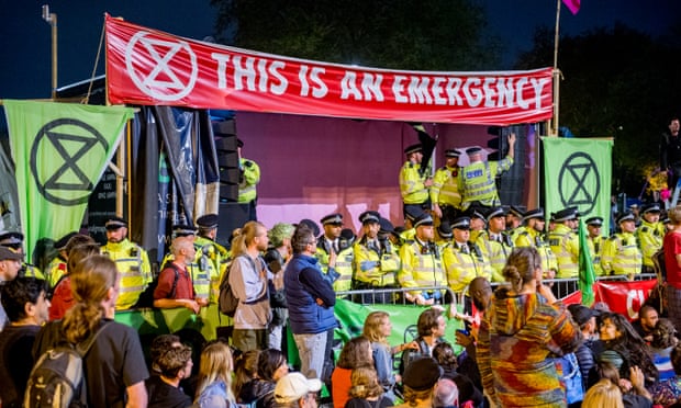 The Extinction Rebellion camp at Marble Arch in central London