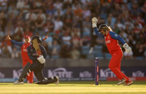 Katherine Fraser gets bowled out by Charlie Dean.