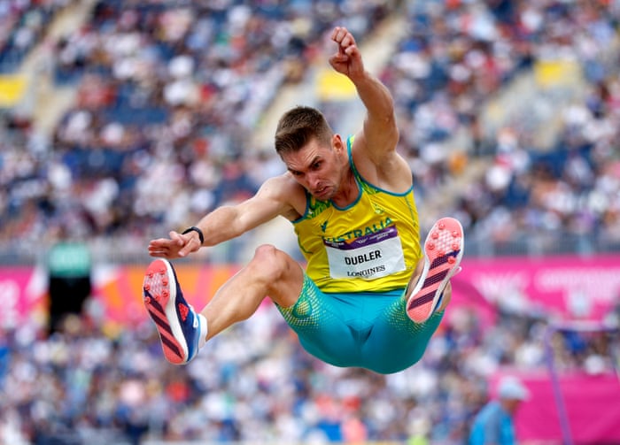 Australia's Cedric Dubler took the lead in the decathlon long jump.
