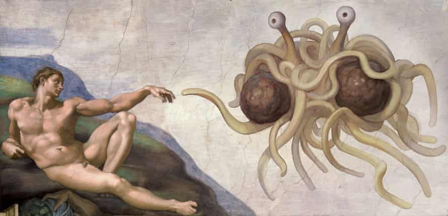 A parody of Michelangelo’s Creation of Adam featuring flying spaghetti monster