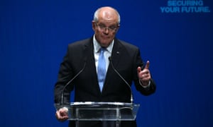Scott Morrison on stage at the Liberal campaign launch in Melbourne. The PM would rather Australians forget the past and focus on the future