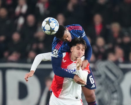 Gabriel with another clearing header for Arsenal against Slavia Prague.