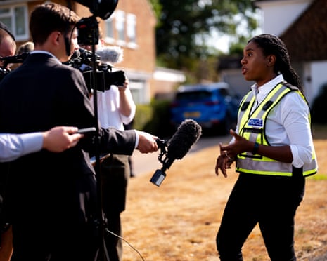 Conservative party leader Kemi Badenoch speaks to the media after accompanying Surrey police on a raid for drugs in Surrey.