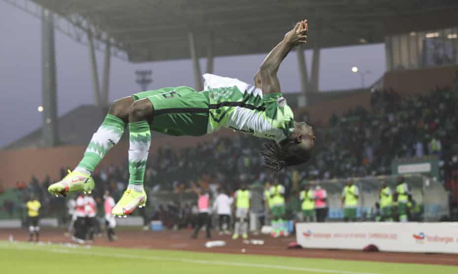 Moses Simon celebrates acrobatically after scoring Nigeria’s third goal in Garoua.