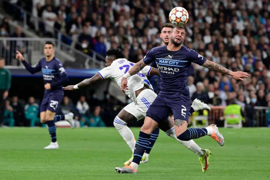 Manchester City’s Kyle Walker (right) gets the better of Real Madrid’s Vinicius Junior.