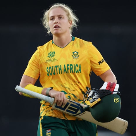 South Africa’s Annerie Dercksen walks after losing her wicket.