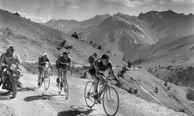 Cyclists competing in the Tour de France riding through the French Alps, 18 August 1951.