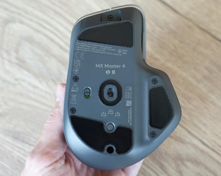 The bottom of the Logitech MX Master 4 mouse.