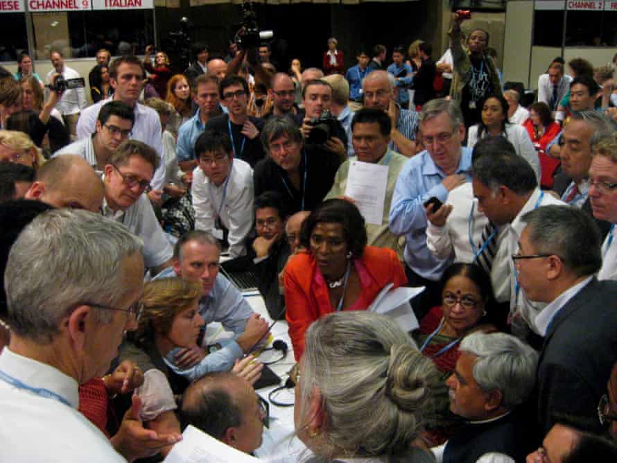Ministers in a huddle at Cop17 in Durban in 2011, where agreement was reached to extend the Kyoto protocol