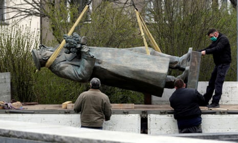 The statue of Red Army commander Ivan Konev being removed from its plinth in Prague