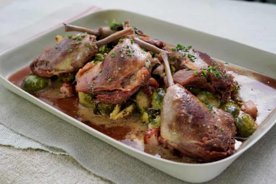 Duck leg confit with brussels sprouts and speck