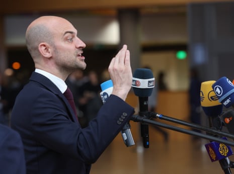 France's Minister for Europe and Foreign Affairs Jean-Noel Barrot speaks to the press during the European Foreign Affairs Council in Brussels, Belgium.