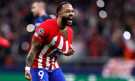 Atletico Madrid's Memphis Depay celebrates after scoring their second goal and put their Champions League last 16 tie against Inter back on level terms.