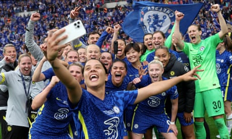 Sam Kerr takes a selfie as she celebrates with teammates following Chelsea’s 2022 FA Cup Final victory over Manchester City at Wembley Stadium.