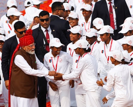 Narendra Modi greets children during Independence Day celebrations last Friday.