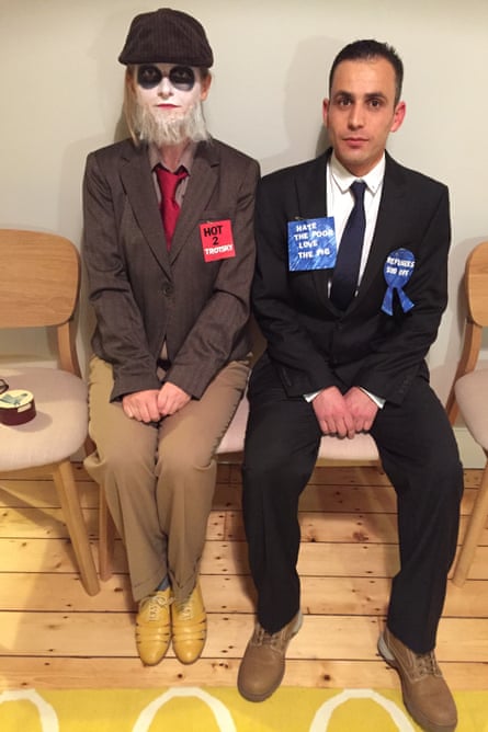 Helen Pidd and her lodger Yasser Al Jassem in Jeremy Corbyn and David Cameron Halloween outfits.