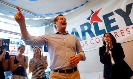 Democratic congressional candidate Harley Rouda is joined by Senator Kamala Harris at a campaign office in Costa Mesa on Saturday.