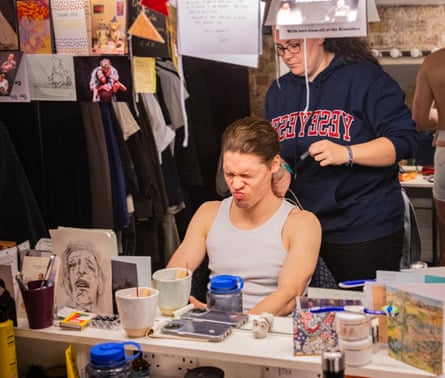 Billy Howle stretches his face and mouth at the Almeida theatre, before his performance in Look Back in Anger.