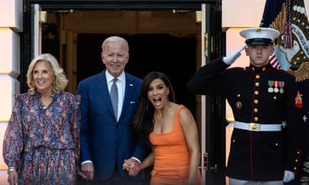 Jill Biden, Joe Biden, and Eva Longoria (right) arrive for the screening of Flamin' Hot on the South Lawn of the White House in Washington