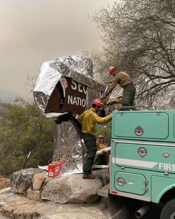 Les pompiers enveloppent le panneau d'entrée historique du parc national de Sequoia avec des couvertures ignifuges en Californie.