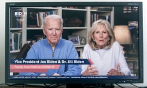 A screen grab of Joe Biden and Dr Jill Biden hosting a family town hall on the Covid-19 pandemic from their home in Wilmington, Delaware, last month.