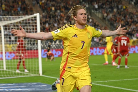Kevin De Bruyne celebrates after scoring Belgium’s fourth goal against Wales.