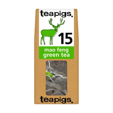Teapigs mao feng green tea box with a green deer illustration and visible teabags