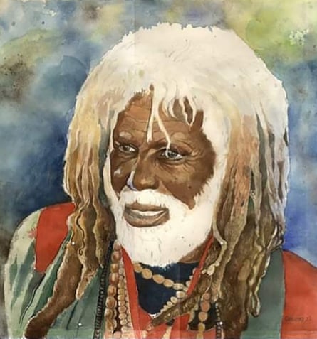 Watercolour painting of an older black man with white dreadlocks and beard wearing bead necklaces
