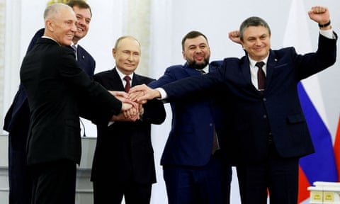 Vladimir Putin and  the Russian-installed leaders in Ukraine's Donetsk, Luhansk, Kherson and Zaporizhzhia regions attend a ceremony to declare their annexation.