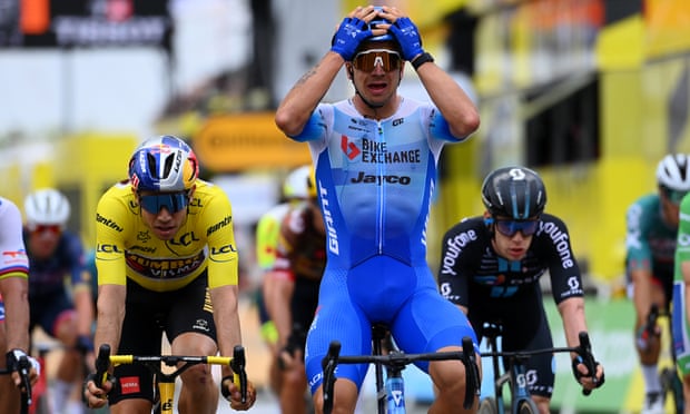 Dylan Groenewegen celebrates edging to victory in stage three of the Tour de France.