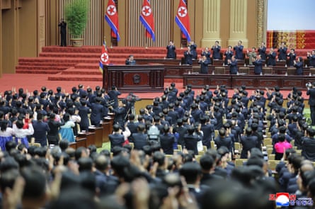 Kim Jong-un speaks during a session of the Supreme People’s Assembly.