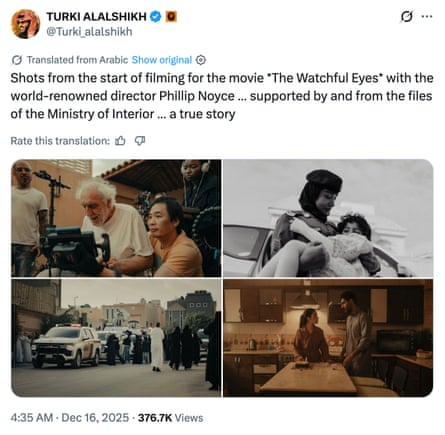 Four photos showing actors and Noyce behind the scenes