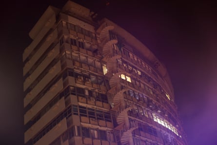 A tall building at night