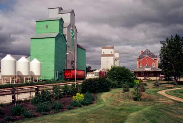 Grain silos and trains, in Dauphin, Manitoba, Canada