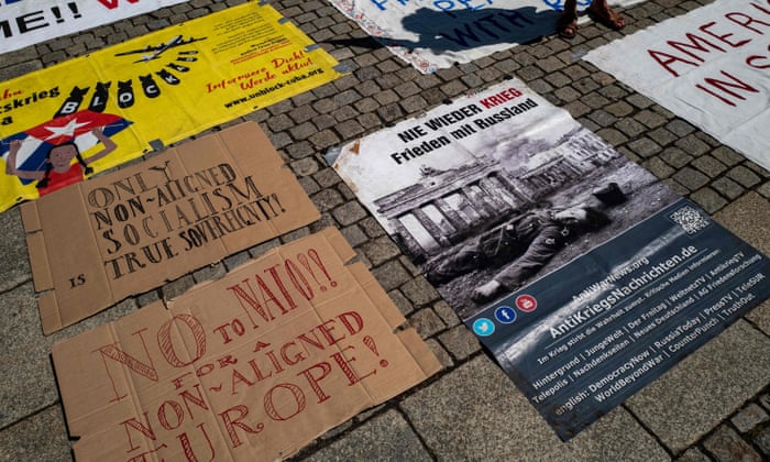 Various anti war and anti-NATO placards during a demonstration in Berlin on 2 July 2022.