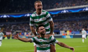 Leigh Griffiths, top, joins Patrick Roberts in celebrating Celtic’s second goal against Anderlecht in their Champions League group game.