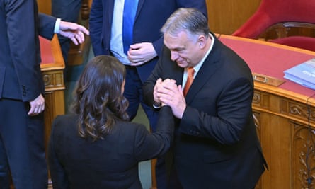 Novák is congratulated by Viktor Orbán