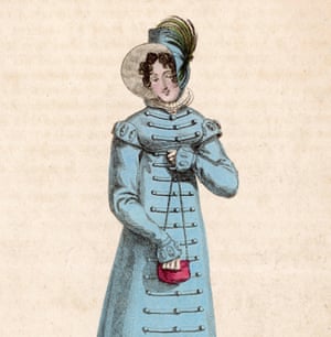 Small holdings: the tiny handbags that became a big thing | Fashion A portrait of a 19th century lady in blue pelisse dress with military style trim and decorative cuffs, and a blue hat, holding a tiny red 'ridicule' bag.
