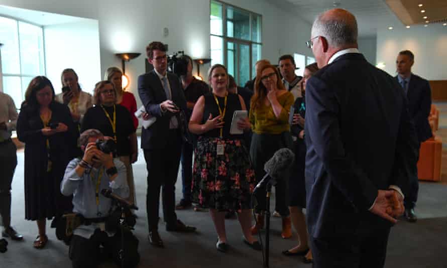 Prime Minister Scott Morrison at a press conference to answer sexual assault allegations made by staffer Brittany Higgins against a parliamentary staffer