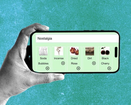 An illustration shows a manus holding a smartphone sideways pinch 'nostalgia' written successful nan hunt section and 5 images underneath pinch words 'soda bubble', 'incense', 'dried rose', 'dirt' and 'black cherry'