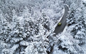 Spey, Scotland: Vehicles travel along the A939 in snow conditions