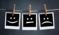 Happy, sad and neutral emoticons on instant print photographs<br>F2Y4NN Happy, sad and neutral emoticons on instant print photographs