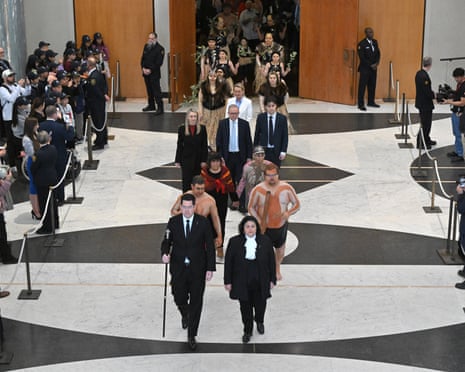 Prime Minister Anthony Albanese, partner Jodie Haydon, son Nathan and Leader of the Opposition Sussan Ley lead a procession to a smoking ceremony for the opening of the 48th Federal Parliament at Parliament House.
