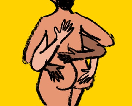 Illustration of woman from behind with two airs of hands on her