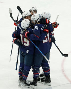 Hilary Knight of the United States celebrates scoring their second goal with teammates.