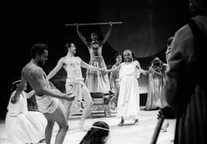 Playing Nausicaa, holding hands with Jonathan Cake as Antinous, in The Odyssey by Derek Walcott for the RSC at the Other Place theatre, Stratford-Upon-Avon, 1992