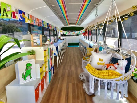 A bus converted into a library and classroom as part of Schools On Wheels program by California’s Yes We Can organisation, in Tijuana, Mexico