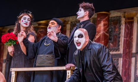 Ricky Champ as Tybalt, far right, in a production of Shakespeare’s Romeo and Juliet at the Globe theatre in London.