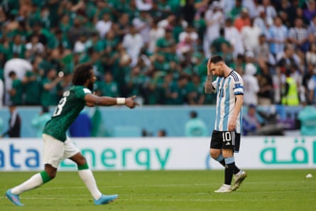Lionel Messi looks upset after Saudi Arabia's second goal.